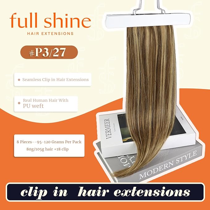 Full Shine Clip in Human Hair Extensions 18 Inch Dark Brown with Caramel Blonde Highlights Seamless Clip ins for Women Remy Natural Hair Thick Ends 8 PCS 120G