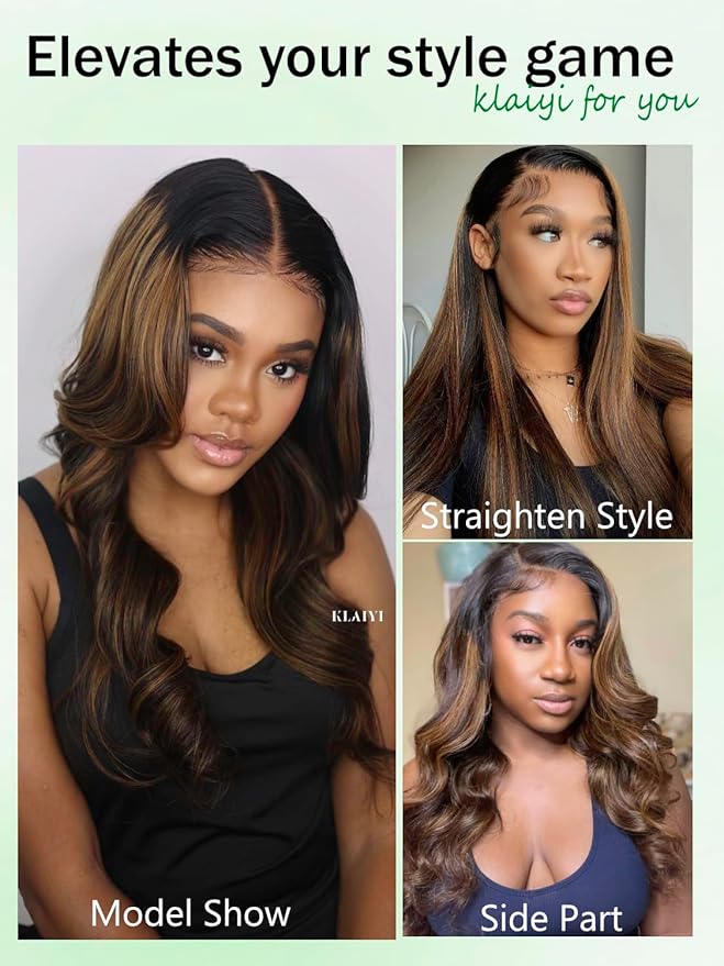 KLAIYI Ombre Brown Body Wave Lace Front Wigs Human Hair Highlight Balayage 13x4x1 T Part Ear to Ear Lace Wig Pre Plucked with Baby Hair Easy to Wear and Go Wigs for Black Women Natural Hairline 20Inch
