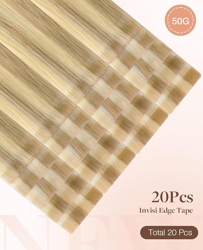 GOO GOO Invisi Edge Tape in Hair Extensions Human Hair, 16/22 Light Blonde Highlighted Golden Blonde 20pcs 10inch 30g, Virgin Remy Hair, Seamless Injected Tape, Natural Look