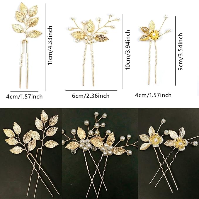 6 Pieces Bridal Wedding Hair Pins Gold Leaf Crystal Pearl Hair Pins Clips Headpiece Vintage Wedding Hair Accessories Jewelry with Rhinestone for Brides Bridesmaids Flower Girls (Lovely)