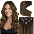 Ve Sunny Clip in Hair Extensions Real Human Hair, Human Hair Clip in Extensions, Balayage Clip in Hair Extensions Dark Brown Ombre Caramel Blonde, 12inch 5pcs 80g