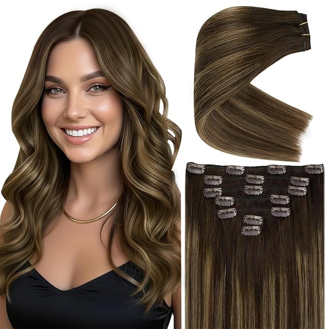 Ve Sunny Clip in Hair Extensions Real Human Hair Balayage Clip in Human Hair Extensions Ombre Brown with Blonde Clip on Extensions for Women Long Straight Hair 24inch 120g 7Pcs