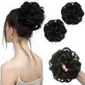 SARLA 2PCS Messy Hair Bun Hair Pieces Wavy Curly Synthetic Updo Fake Scrunchies Ponytail Extension for Women Jet Black