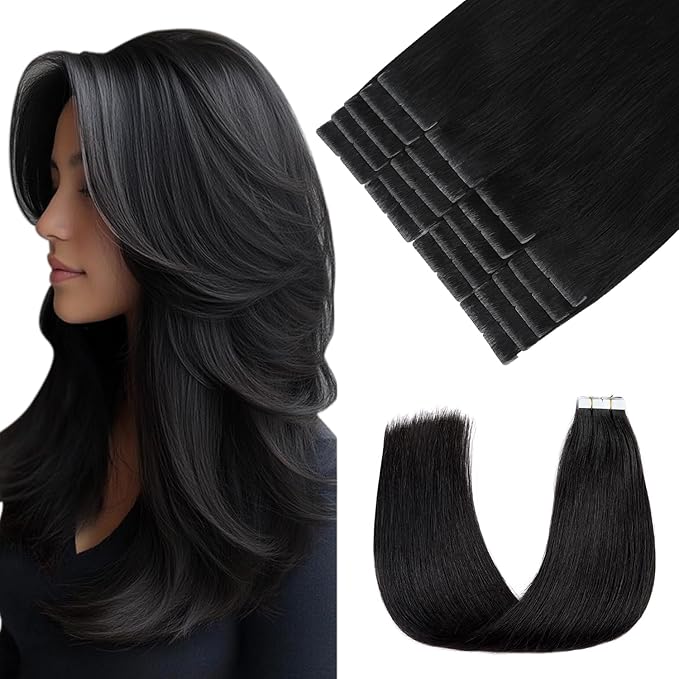 Pinkpearl Invisible Tape in Hair Extensions Human Hair, 20pcs 22inch 60g #1B Natural Black Injection Tape in Extensions Real Remy Straight Seamless Silky Human Hair Injected