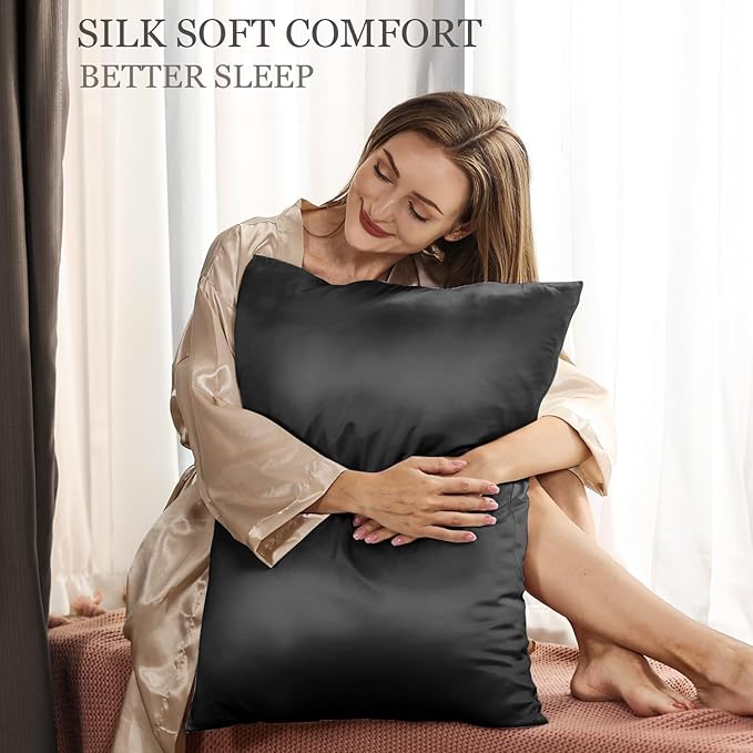 Adubor 100% Silk Pillowcase - Mulberry Silk Pillow Cases, 23 Momme 6A Grade Fibers, Silk Pillow Case for Hair and Skin Health, with Hidden Zipper (Queen 20''x30'', Black, 1PC)