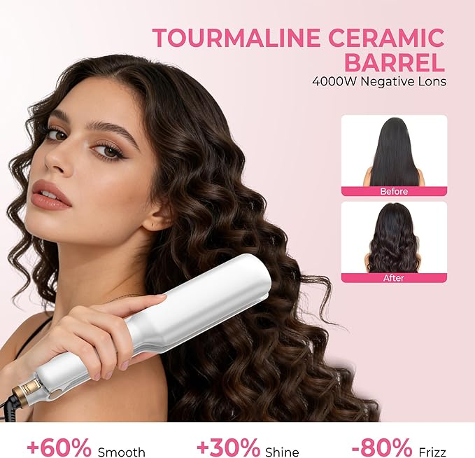 Curling Iron Hair Crimper Waver, 1/2 Inch Beach Waves Curling Wands, Ceramic 2 Barrels Deep Waver, Dual Voltage Hair Culer Tools with EU/UK Plug Adapter, 12 Temps, 30S Fast Heat up, Auto-Off (White)