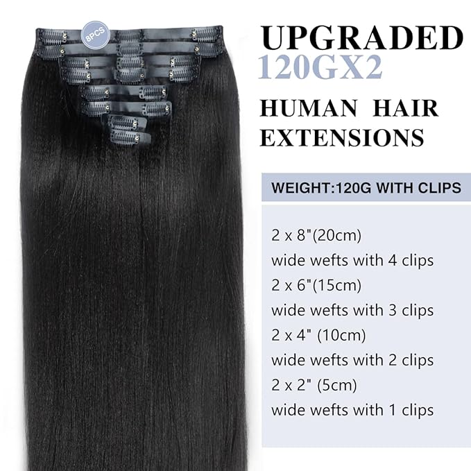 Yaki Straight Clip in Hair Extensions Real Human Hair 2 Pack 240g Seamless Clip ins for Women Full Max with 16Pcs Remy Human Hair Extensions PU Skin Weft 16inch Natural Black
