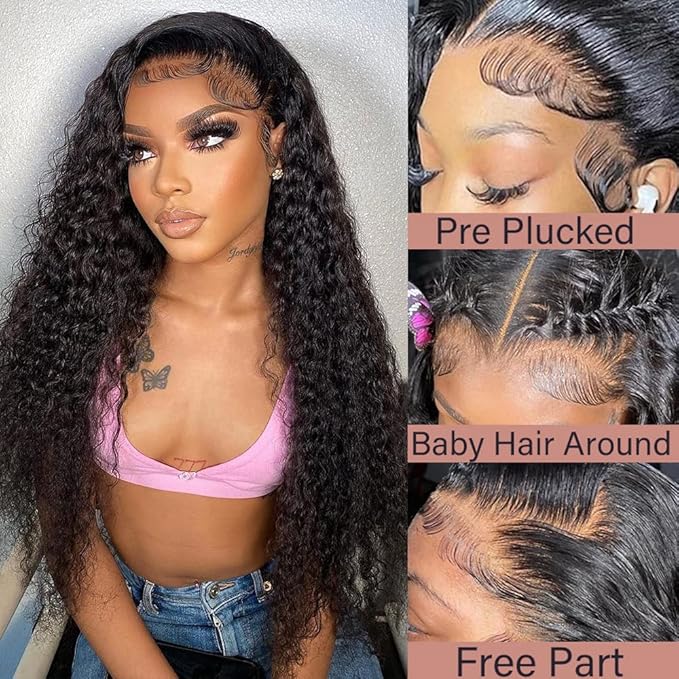 Deep Wave 13X6 HD Lace Front Wigs Human Hair Pre Plucked Brazilian Virgin Deep Curly Wigs with Baby Hair for Black Women Natural Black Color 200% Density 18 Inch