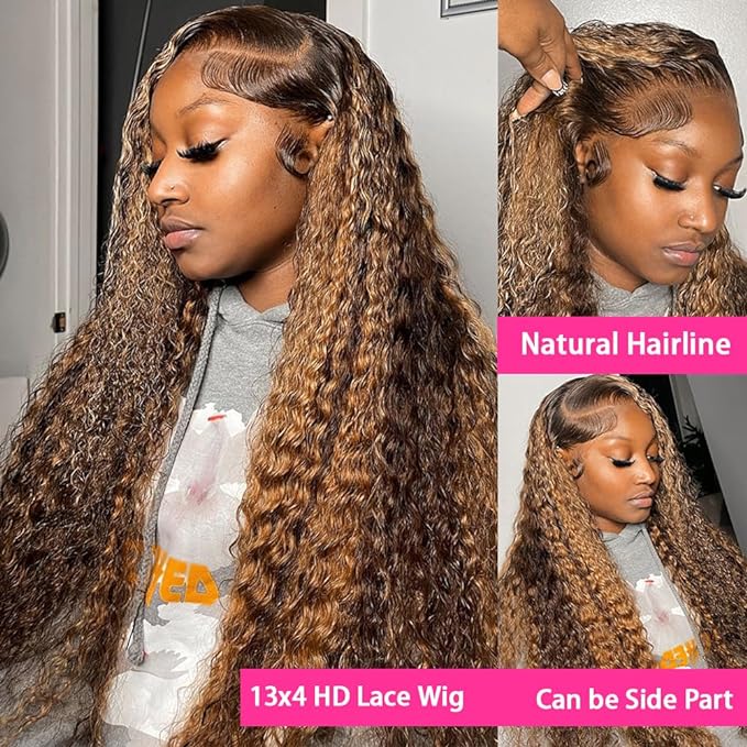 bangjazz 22 Inch Highlight Ombre Lace Front Wig Human Hair Deep Wave 13x4 HD Lace Frontal Wigs Human Hair 180% Density P4/27 Colored Curly Wigs for Women Human Hair Glueless Pre Plucked Wig