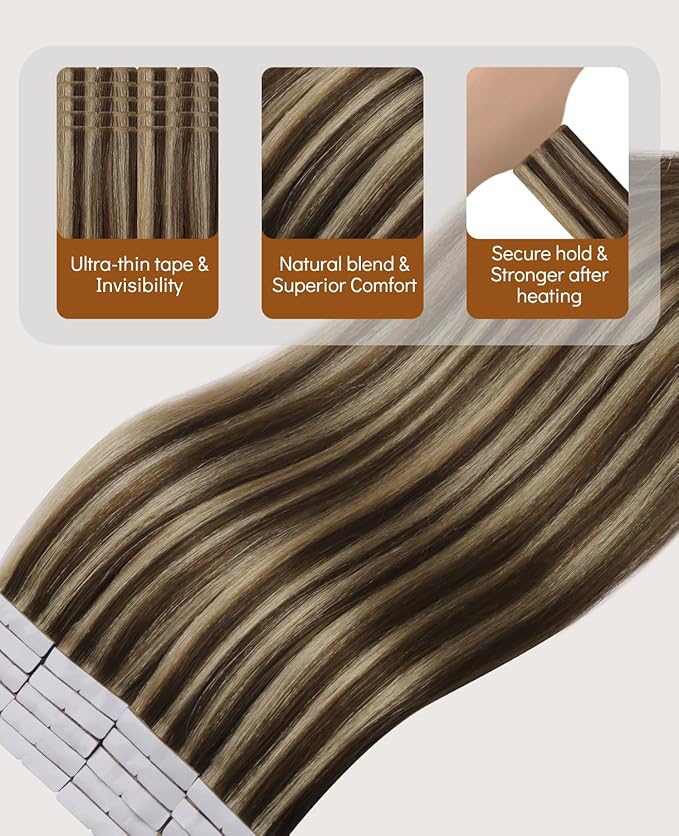 VINBAO 60g Invisi Edge Tape in Extensions Human Hair 22in 20pcs Chocolate Brown Highlighted Caramel Blonde Seamless Injection Tape in Hair Extensions 22inch #4P27