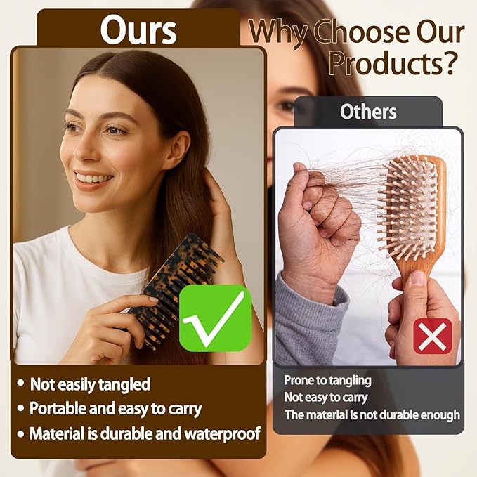 Large Hair Wide Tooth Combs, 2 Pack Cellulose Acetate Detangling Combs for Women Thick Curly Wavy Wet Dry Hair (Tortoise Shell, Ivory)