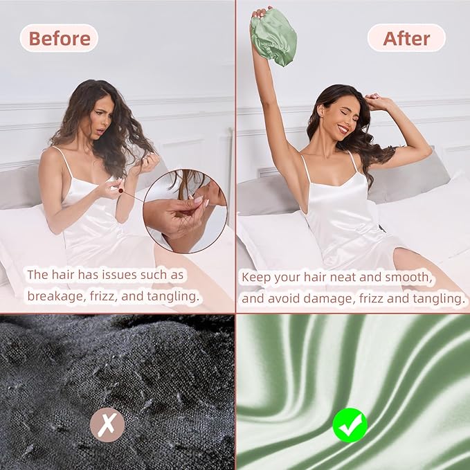 Adjustable Silk Satin Hair Bonnet for Sleeping Women, Double Layer, Silk Hair Wrap for Sleeping Women Men, Curly Natural Braid Straight Unisex - Green