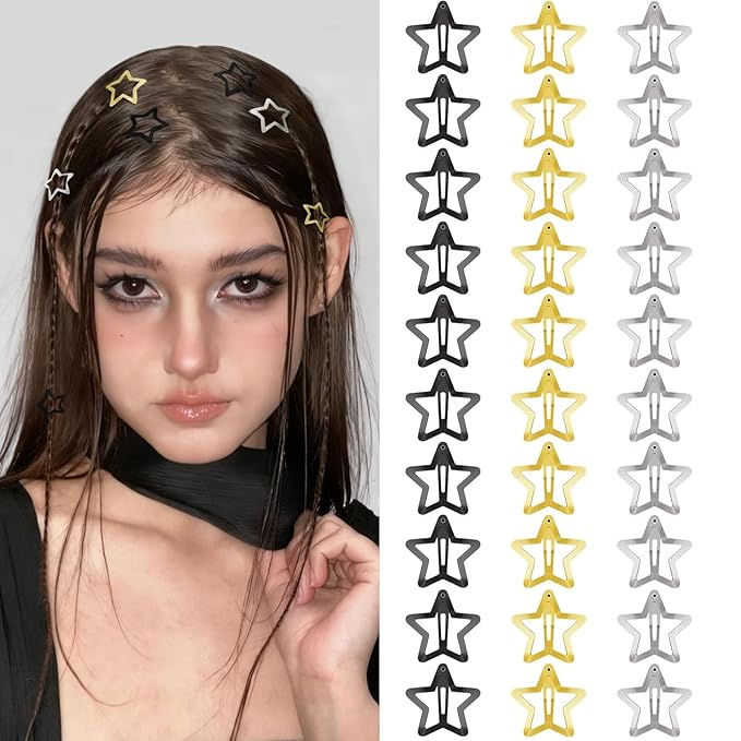 Star Hair Clips 2000s Y2K Black Gold Silver Star Hair Accessories Snap Hair Barrettes Non Slip Metal Hair Clips for Girls Women -30 PCS 1.18"