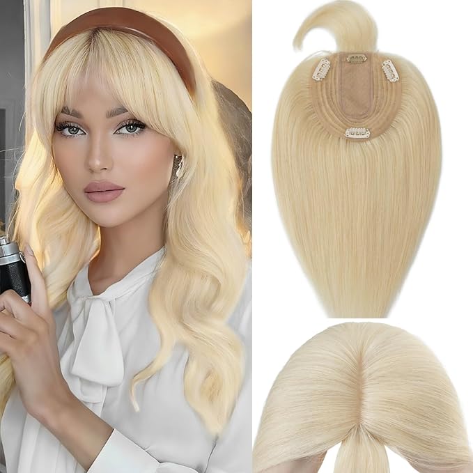Rich Choices Real Human Hair Topper With Bang for Women - 100% Remy Hair for Thinning Hair, Clip in Silk Base, 12 Inch #613 Bleach Blonde