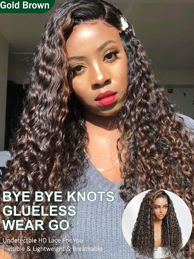 KLAIYI Golden Brown Water Wave Bye Bye Knots Glueless Wig Human Hair Highlight 7x5 Precut Lace Front Pre Plucked Bleached Ombre 3S Ready to Wear Go Beginners Wig with Dark Roots Deep Curly Wave 20Inch