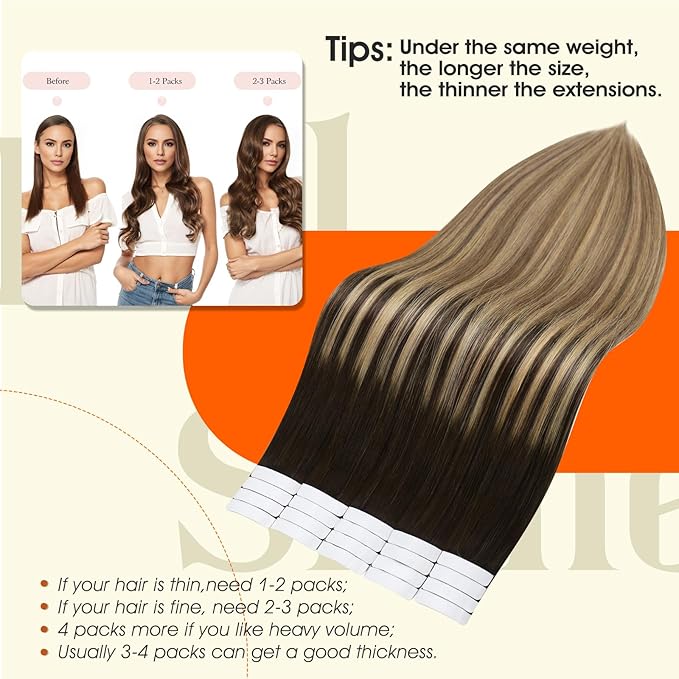 Full Shine Human Hair Tape in Extensions Color 2 Darkest Brown Ombre 8 Ash Brown Highlight with 27 Blonde Double Sided Tape in Hair Extensions 22Inch Long Seamless Skin Weft 50G 20Pcs