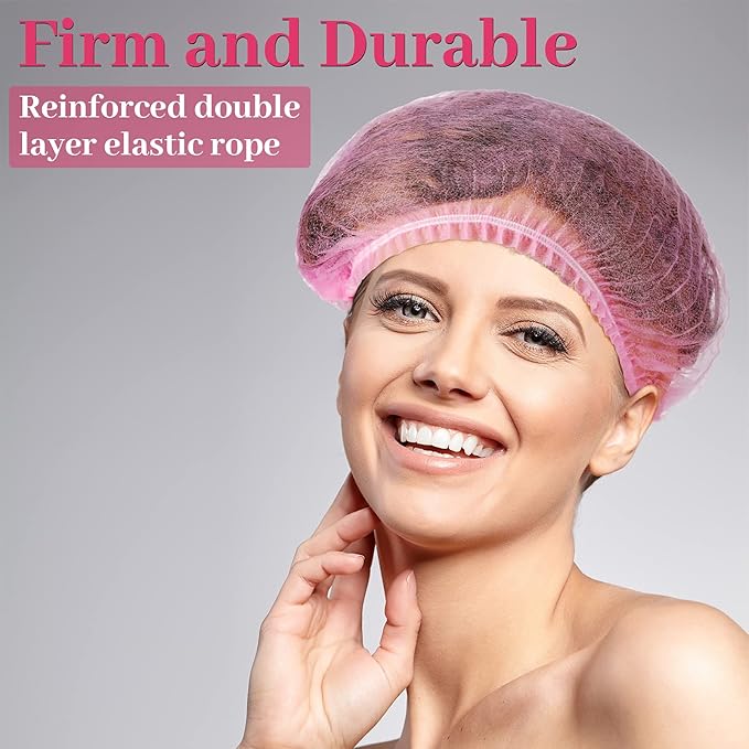 Geyoga 200 Pcs Disposable Nonwoven Bouffant Caps 21 Inch Hair Net Elastic Cap Hair Cover Hats for Beauty Salon Hospital Spa Catering Dust-free Workspace (Pink,Black)