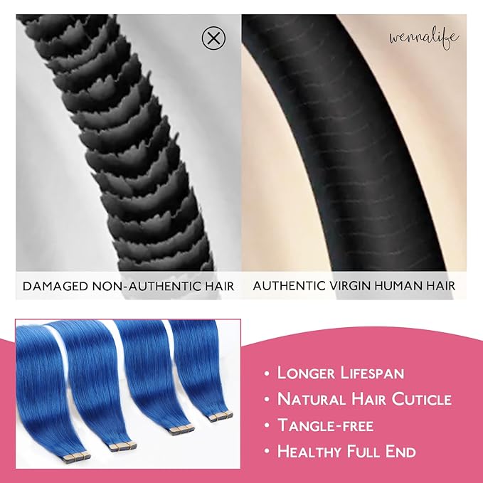 Wennalife Blue Tape In Hair Extensions, 10pcs 20g 12 inch Remy Invisible Tape Ins Straight Colored Soft Real Human Hair Tape In Extensions Refill Set Extensions