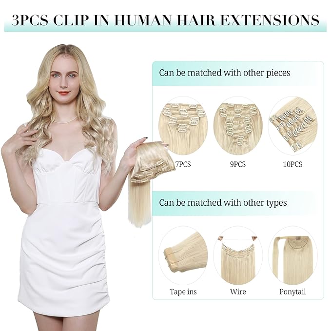 DOORES Hair Extensions Clip in Human Hair, 3pcs 65g 18 Inch Balayage Ash Blonde to Golden Blonde and Platinum Blonde Clip in Hair Extensions Straight Natural