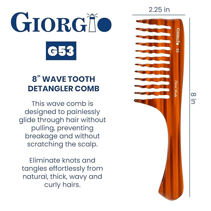 Giorgio G53 Wide Tooth Comb for Curly and Thick Hair - Handmade Detangler Rake Comb for Wet or Dry Hair, Hand Polished (8")