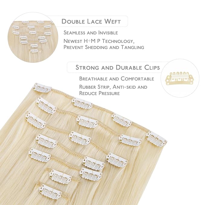 WENNALIFE Clip in Hair Extensions Real Human Hair, 22 Inch 120g 7pcs Platinum Blonde Remy Hair Double Weft Straight Natural Extensiones De Cabello Humano Con Clip Ins