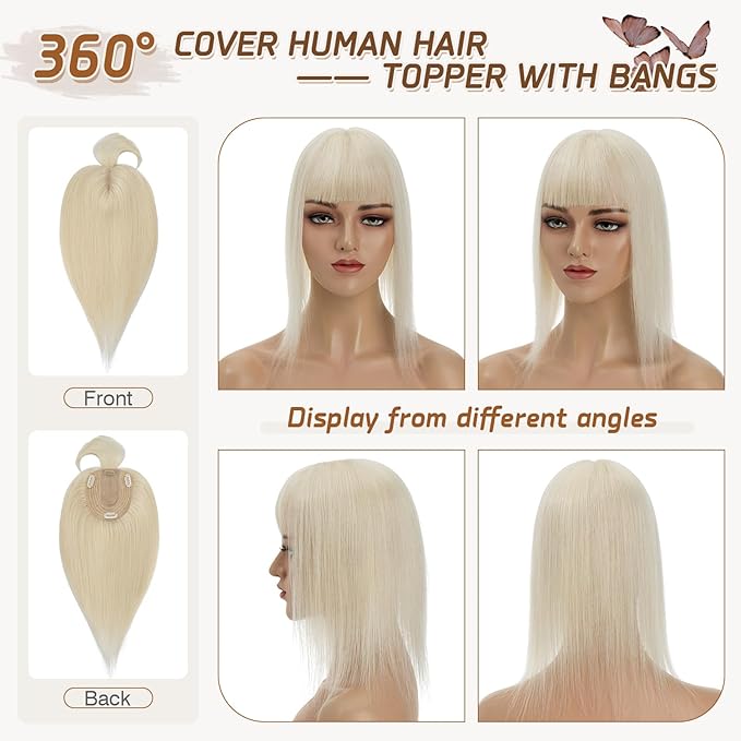 Rich Choices Real Human Hair Topper for Women With Bang - 100% Remy Hair for Thinning Hair, Clip in Silk Base, 10 Inch #60 Platinum Blonde