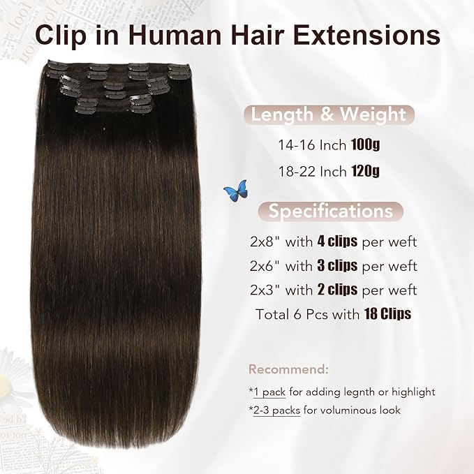 XDhair Clip in Hair Extensions Real Human Hair20 Inch 120g Dark Brown Clip in Hair Extensions Straight Human Hair for Women 6 Pcs #2 20 Inch