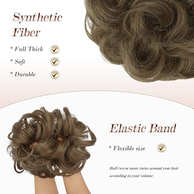 FESHFEN Messy Bun Hair Piece - Large Elastic Wavy Curly Hair Bun Scrunchies Ponytail Extensions Synthetic Chignon Hairpieces for Women, Light Brown mix Natural Blonde 1.94oz
