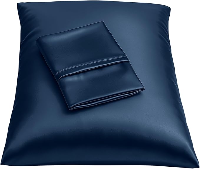 BLISSFORD Satin Pillowcase with Zipper, for Hair and Skin Care, Feels Soft and Cool Like a Silk Pillowcase, Satin Pillow Cases 2 Pack, Slik Pillow Cover, Navy - Queen Size, Set of 2