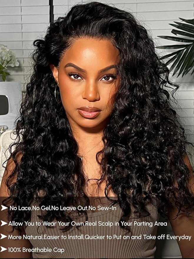 YIROO EasiContour V Part Wigs Human Hair Jerry Curly Glueless Human Hair Wigs Upgraded U Part Curly Wigs No Leave Out No Gel V Shape Clip in Half Wig Beginner Friendly Ready to Go Wig 18 inch