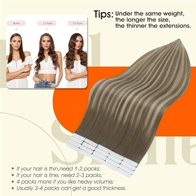 Full Shine Human Hair Extensions Tape in Color 7/1000/7 Balayage Blonde Seamless Tape in Hair Extensions Double Sided Tapes 18 Inch Glue in Human Hair 50Gram Remy Hair Extension Real Human Hair 20Pcs