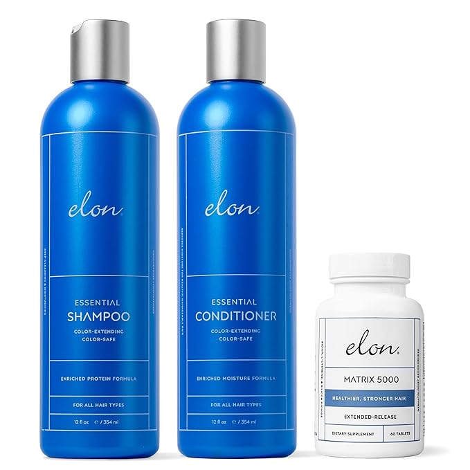 Elon Complete Kit for Thinning Hair – Elon Essential Shampoo and Conditioner Set + Matrix 5000 Hair Growth Supplement – NO Sulfates, Parabens or Phthalates