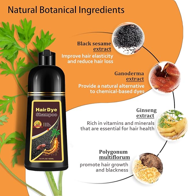 Hair Dye Shampoo 3 in 1, Long-Lasting Gray Coverage, Hair Color Shampoo with Herbal Ingredients, Easy Application for Women Men 16.9 Fl Oz (Black Tea)