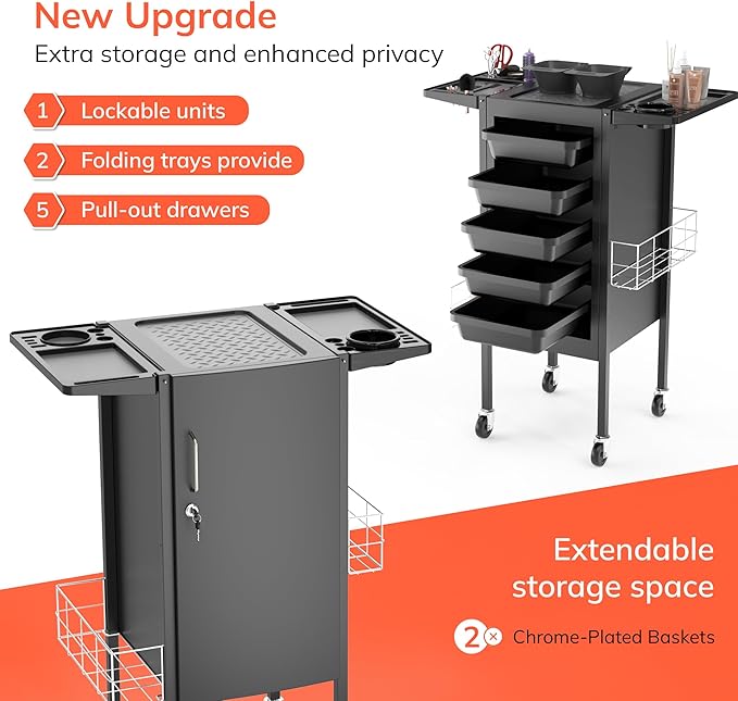TASALON New Upgrade Salon Metal Trolley Cart-Space Saving Rolling Beauty Cart for Extra Storage, Lockable 5 Trays, 2 Folding Tray Holders, 2 Metal Baskets- Hair for Hair Stylist Multipurpose