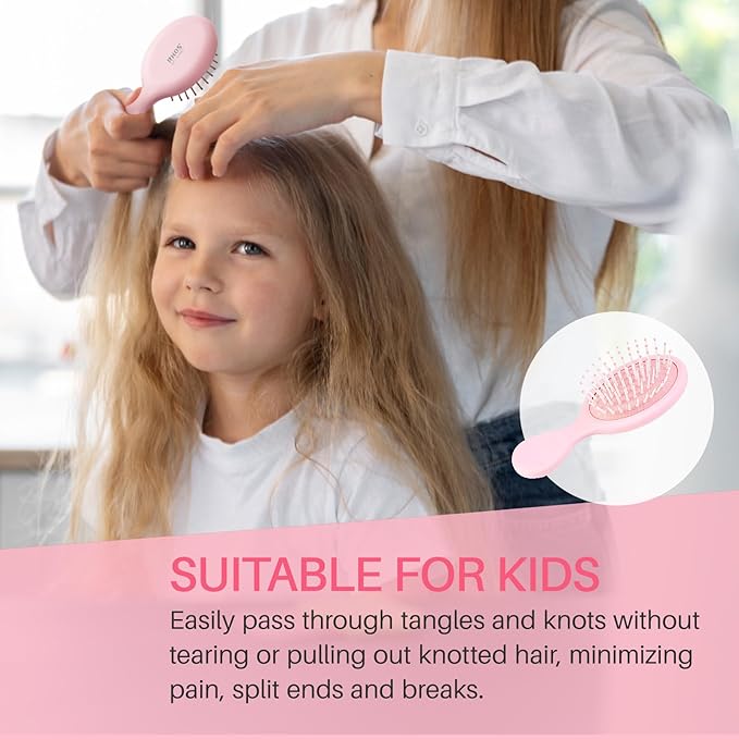 RHOS Mini Hair Brush for Women,Men and Kids-Travel Size Hair Brush for Purse,Pocket,backpack-Small Cushion Paddle Brush with Soft Bristles-Mini Detangler Brush for All Hair Types(1 Pack-Pink)