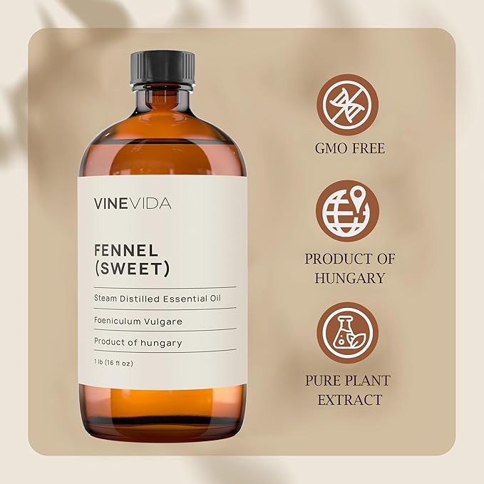 VINEVIDA Fennel Essential Oil - 16 oz - Undiluted - DIY Candle Scents - Bulk for Soap Making & Skin Safe