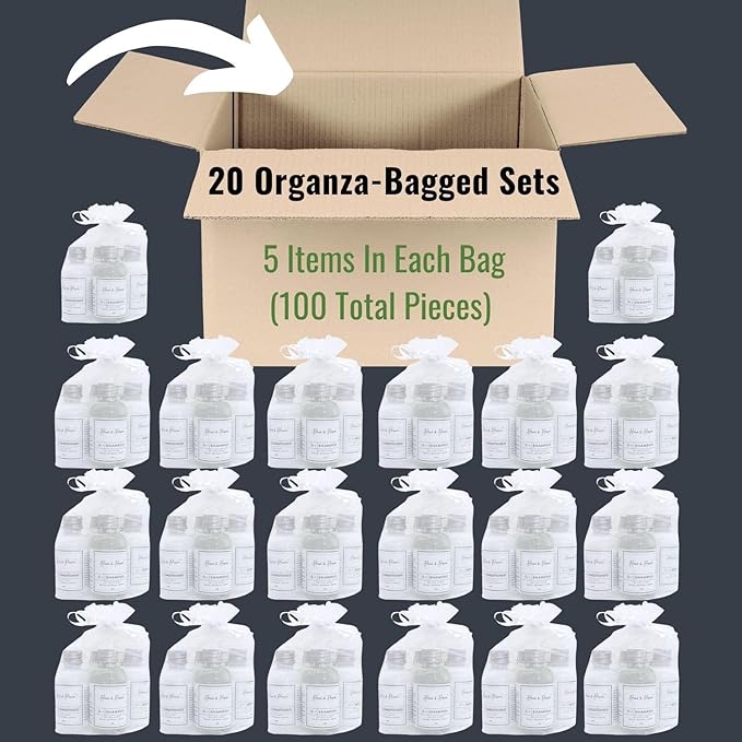 Haus & Haven Hotel Toiletry Sets - 20 Pre-Assembled 5-Piece Guest Amenities in Organza Bags - shampoo, conditioner, shower gel, body lotion and bar soap - White Tea Scent