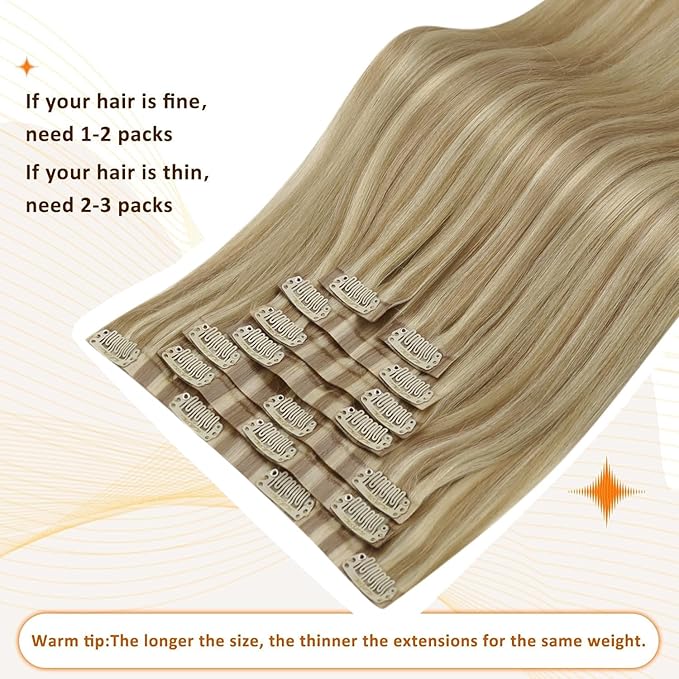 Full Shine Clip in Hair Extensions 18 inch 140g 8Pcs Golden Blonde Mix Light Blonde Natural Seamless Hair Extension for Women Add Volume