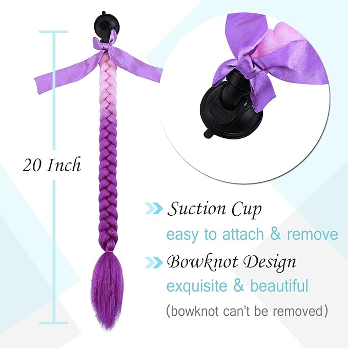 SEGO 1PCS/2PCS Helmet Pigtail Braids with Detachable Suction Cup Bowknot Ponytail Hair Many Colors (Helmet not Included)