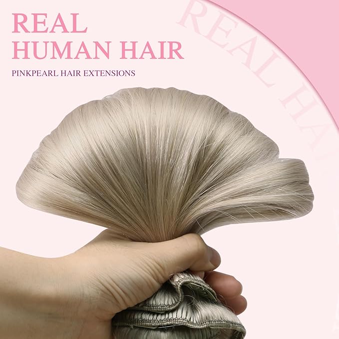 PINKPEARL Clip in Hair Extensions Real Human Hair, 14 Inch 120g 7pcs #1000 Gray Blonde Human Hair Extensions Clip Ins, Remy Hair Clip ins(#1000-14)