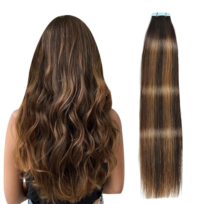 SUYYA Tape in Hair Extensions Human Hair Balayage Darkest Brown to Light Brown 20 Inch 50g/pack 20pcs Straight Seamless Skin Weft Tape in Real Human Hair Extensions(20inch #P2/8/T2)