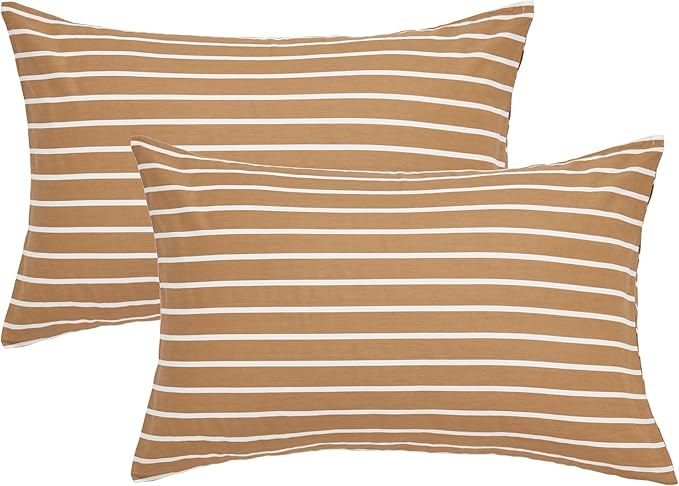 JELLYMONI 100% Natural Cotton Striped Queen Pillowcases Set, 2 Pack Rust and White Stripes Pattern Printed Pillow Covers with Envelope Closure(Pillows are not Included)