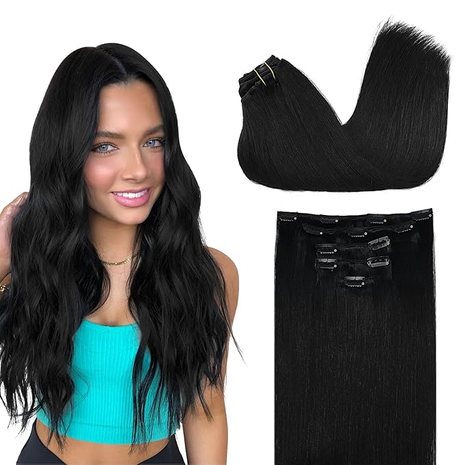 DOORES Human Hair Clip in Extensions - Jet Black, 85g, 5pcs, 22 Inch Remy Straight Natural Hair