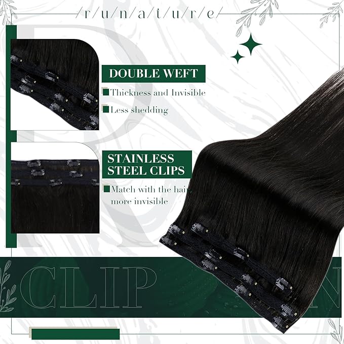 RUNATURE Clip in Hair Extensions Real Human Hair Black, Natural Hair Clip in Extensions for Women, Double Weft Black Hair Extensions 16 Inch 50g 3pcs #1B