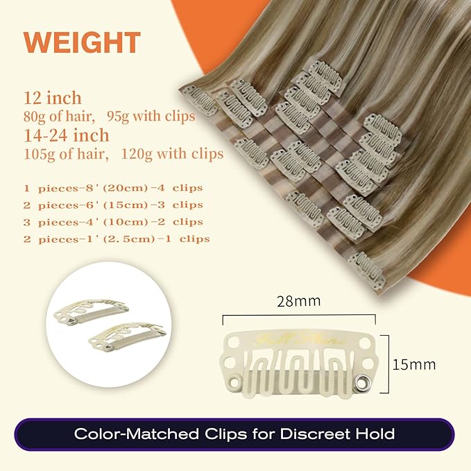 Full Shine Brown Blonde Highlighted Clip in Extensions Ash Brown Highlighted Platinum Blonde Seamless Clip in Highlighted Extensions Clip in 20 Inch 120 G 8 PCS