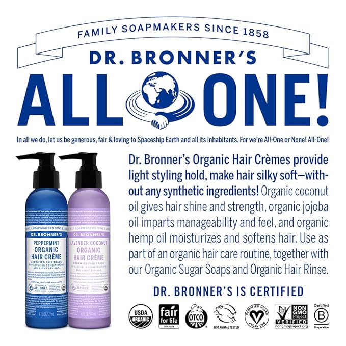 Dr. Bronner's - Organic Hair Crème (Peppermint, 6 Ounce) - Leave-In Conditioner and Styling Cream, Made with Organic Oils, Hair Cream Supports Shine and Strength, Nourishes Scalp, Non-GMO