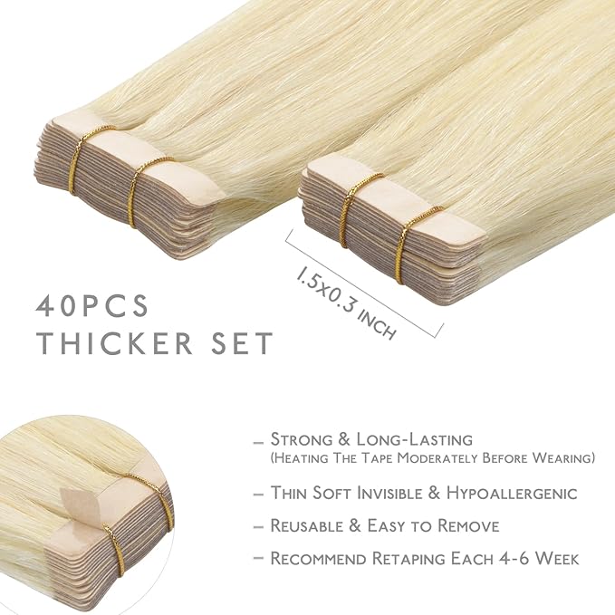 WENNALIFE Tape in Hair Extensions Human Hair, 40pcs 100g 16 inch Platinum Blonde Hair Extensions Real Human Hair Straight Tape in Extensions Invisible Extensions