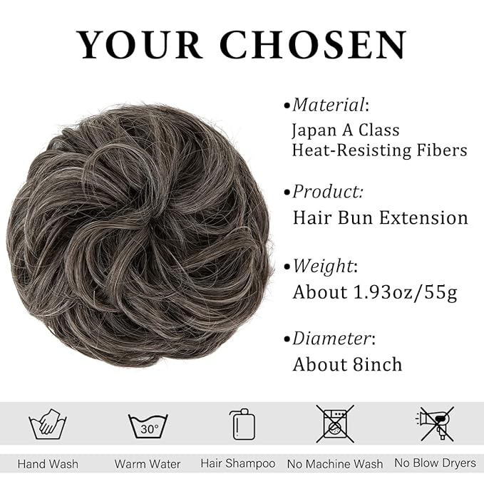 CJL HAIR Large Messy Bun Hair Piece Wavy Curly Scrunchies Synthetic Chignon Ponytail Hair Extensions Thick Updo Hairpieces for Women Steel Grey