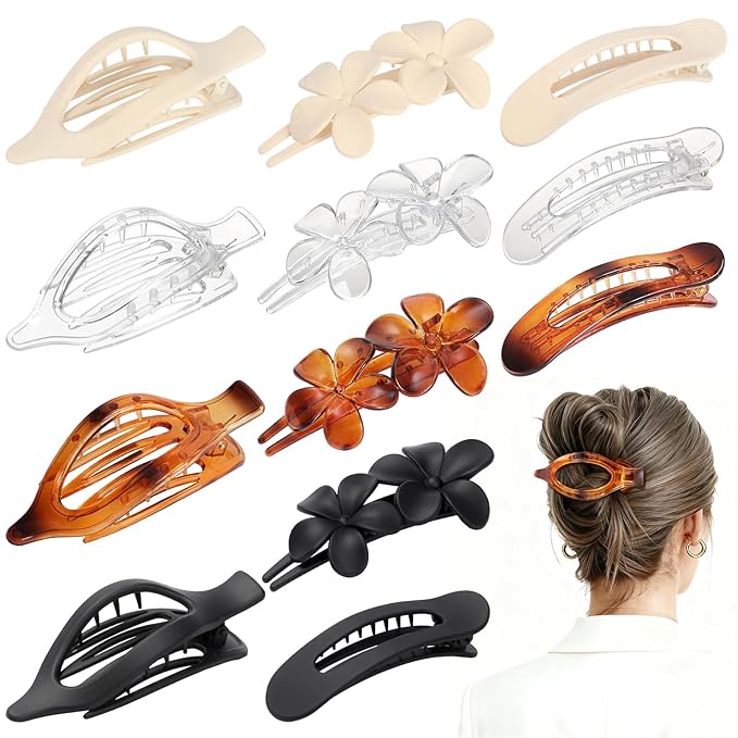 12 PCS Flat Hair Clips - 3 Styles Matte Flat Claw Clips Set Duckbill Barrettes for Women, No-Slip Strong Hold for Thin and Thick Hair, Hair Accessories for Girls Gift (Transparent)