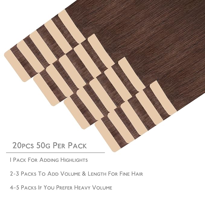 WENNALIFE Tape in Hair Extensions Human Hair, 20pcs 50g 22 inch Chocolate Brown Remy Hair Extensions Straight Human Hair Tape in Extensions Skin Weft Tape Extensions Human Hair